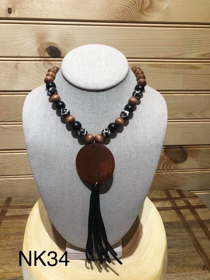 Wood and Leopard Bead with Monogram Disc and Black Tassel