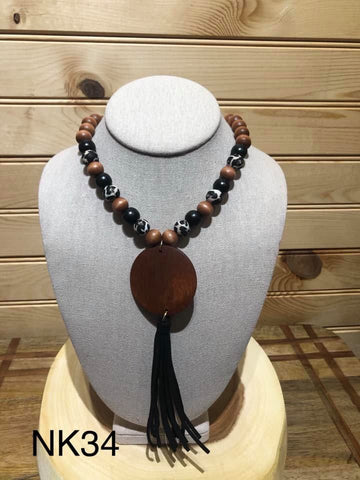 Wood and Leopard Bead with Monogram Disc and Black Tassel