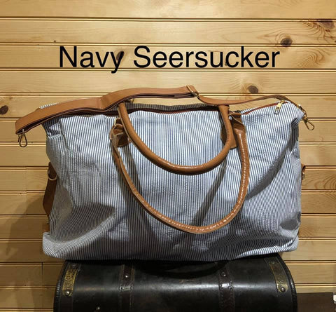 Seersucker Navy Overnight / Weekender Bag with Strap