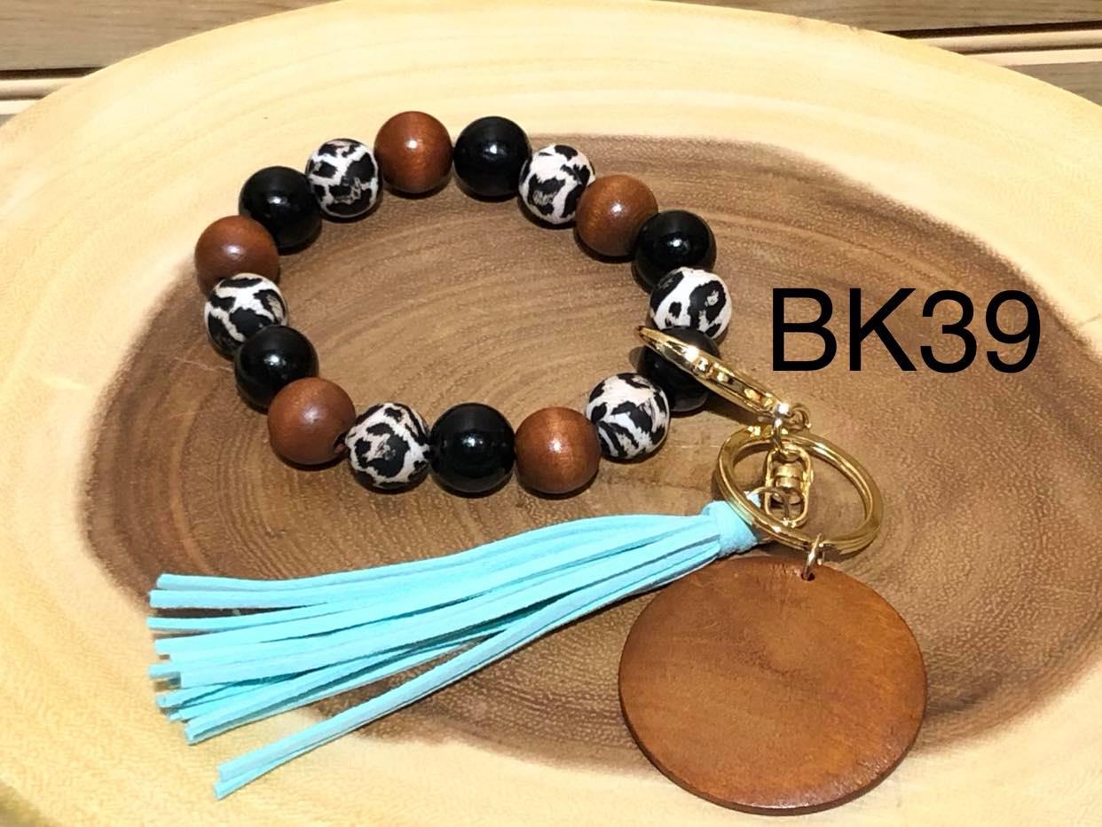 Wood and Leopard Bead Bracelet Keyring - Teal Tassel