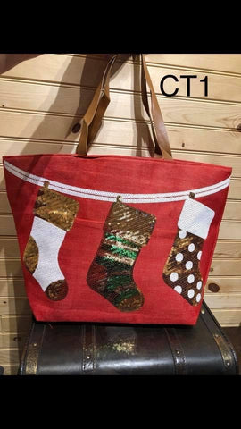 Christmas Tote. Red with stockings