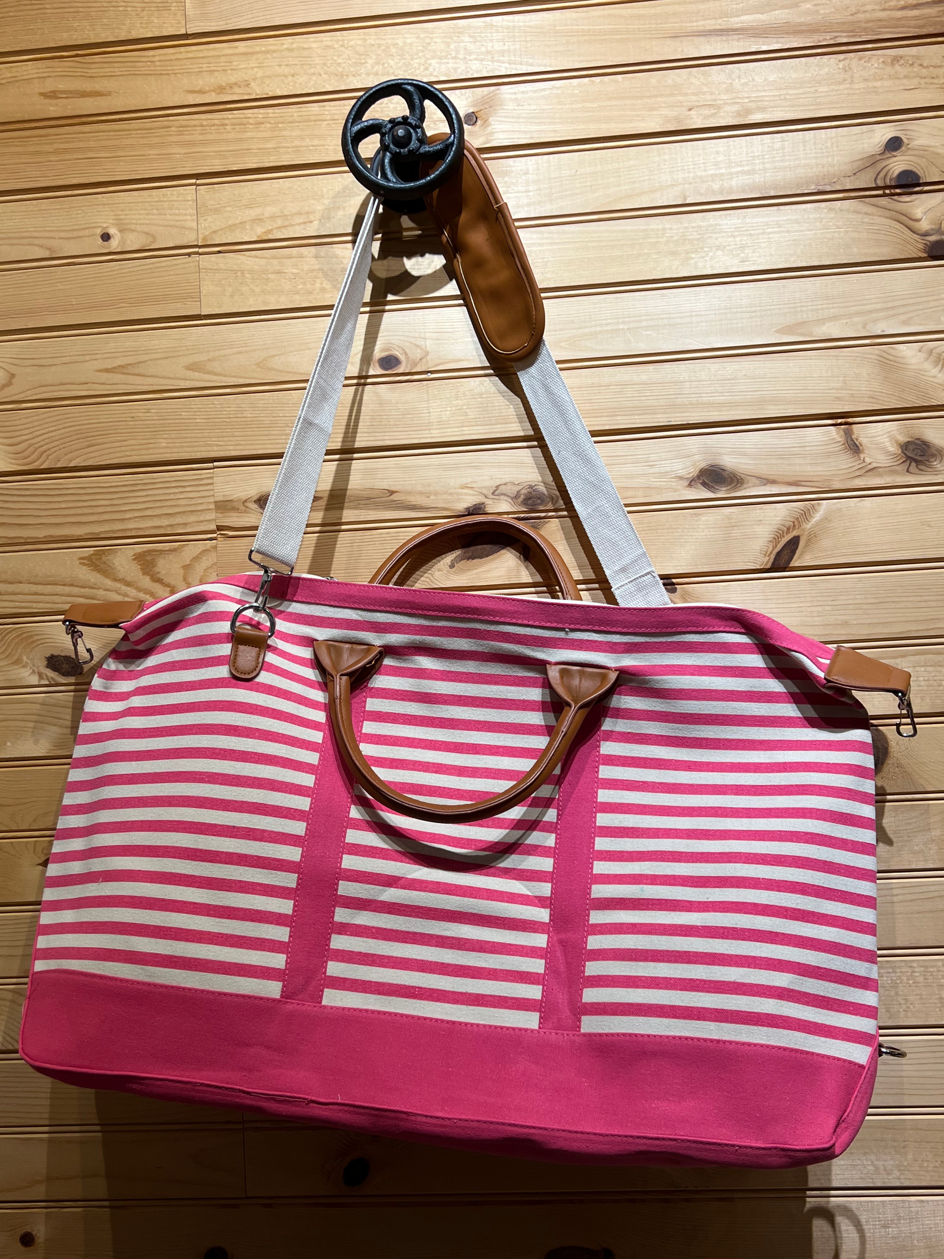 Pink Stripe Overnight / Weekender Bag with Strap