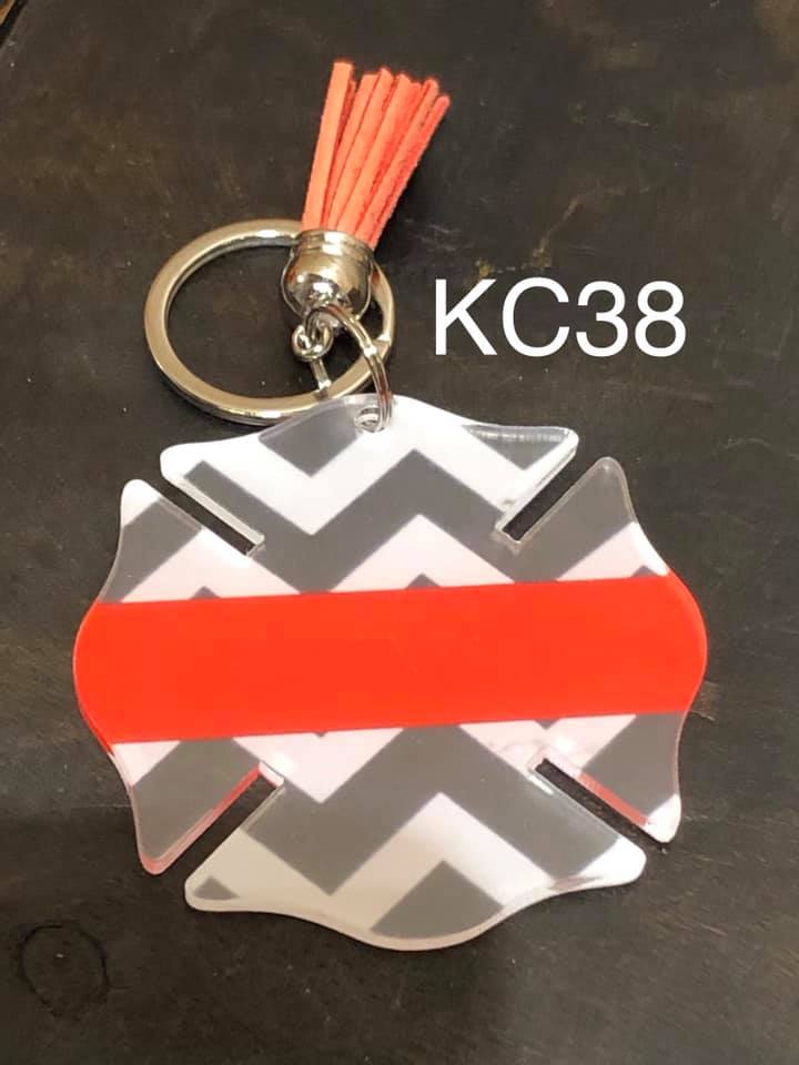 Keyring - Fireman Cross shape, Grey Chevron with Red Line